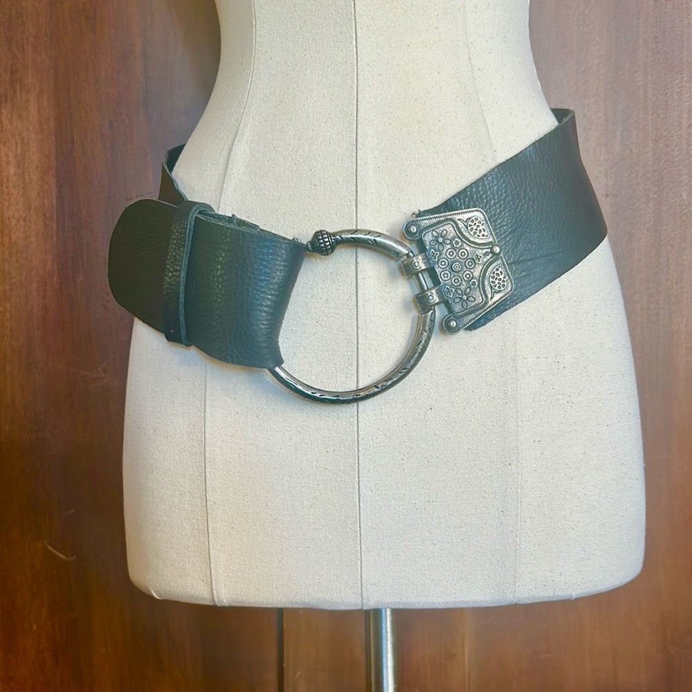 Wide Black Leather Belt with Decorative Silver Ring Buckle